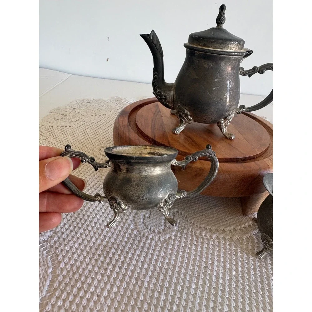 Vintage Miniature Silver Plated Tea Set Teapot Sugar Creamer 3pc Footed Ornate